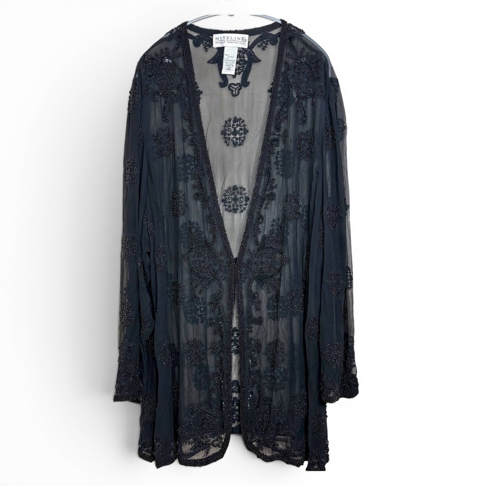 Niteline Silk Black Sheer Beaded Embroidered Kimono Jacket- woman’s XXL